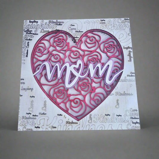 Handcrafted Carved Wooden Heart Shaped With Mom & Roses Decorative - Mother's Day Artwork